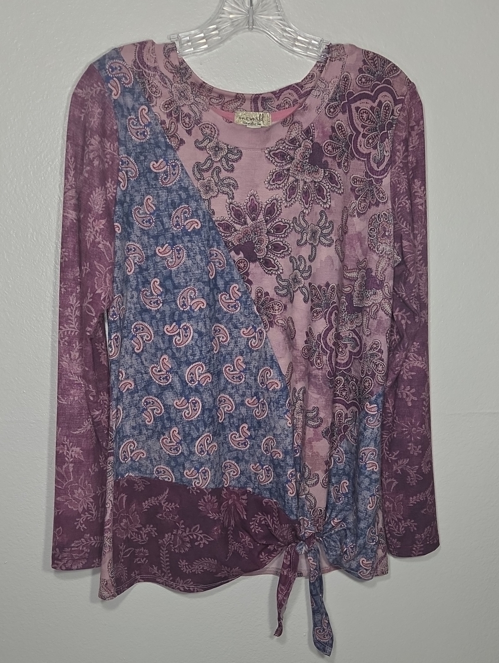 ONE WORLD Mauve and Blue Patchwork Tie-Front Long Sleeve Top